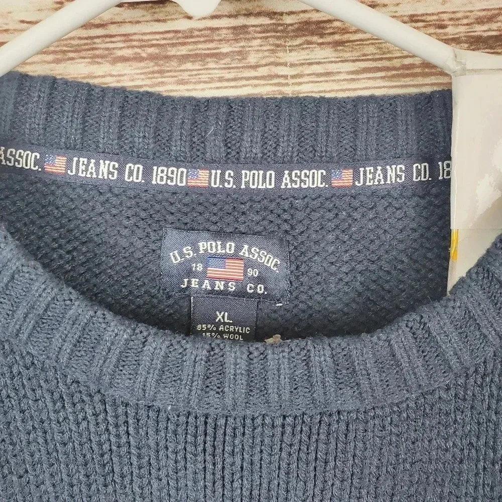 US Polo Assn Mens XL Navy Blue USA Flag Logo Wool Blend Crewneck Sweater